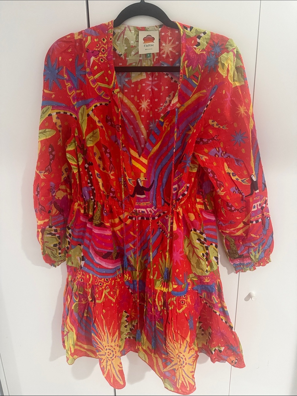 FARM Rio Vibrant Red Multicolor Printed Long Sleeve Mini Dress